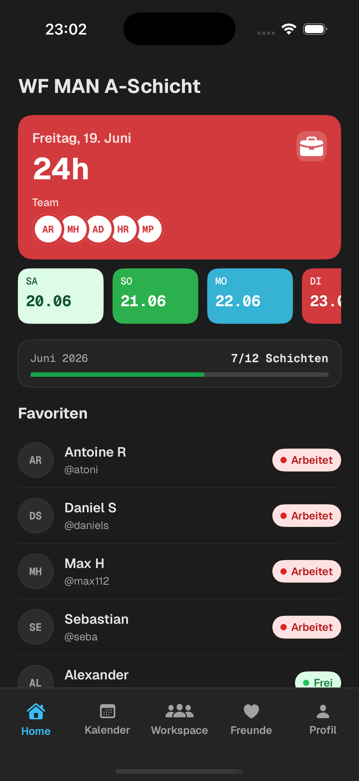SchichtBuddy Home-Screen mit heutiger Schicht und Favoriten